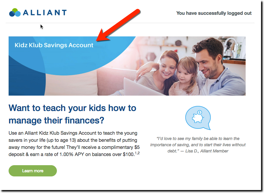 Marketing: Alliant Credit Union Pitches Kids Account on Logoff Screen